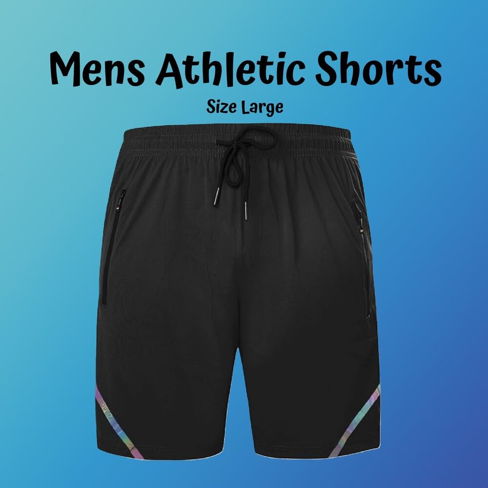 Mens Large Black Quick Dry Stretch Athletic Shorts with Waterproof Zipper Pocket